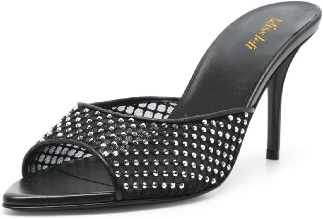 miss left Women Peep Toe Studded Rhinestone Mesh Slide Sandals Thin high Heel Slip on Mules Sexy Prom Club Shoes Size 4-16 US