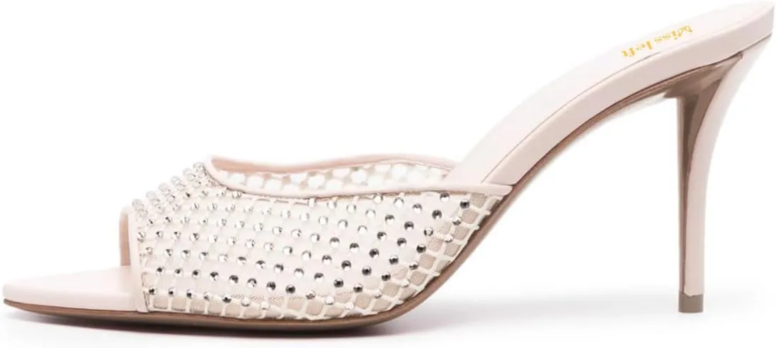 miss left Women Peep Toe Studded Rhinestone Mesh Slide Sandals Thin high Heel Slip on Mules Sexy Prom Club Shoes Size 4-16 US