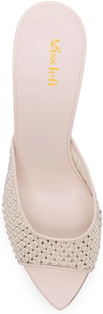 miss left Women Peep Toe Studded Rhinestone Mesh Slide Sandals Thin high Heel Slip on Mules Sexy Prom Club Shoes Size 4-16 US