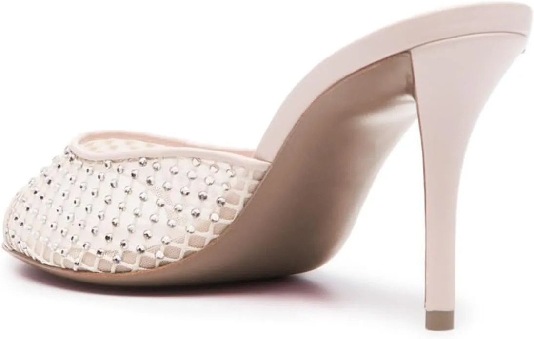miss left Women Peep Toe Studded Rhinestone Mesh Slide Sandals Thin high Heel Slip on Mules Sexy Prom Club Shoes Size 4-16 US