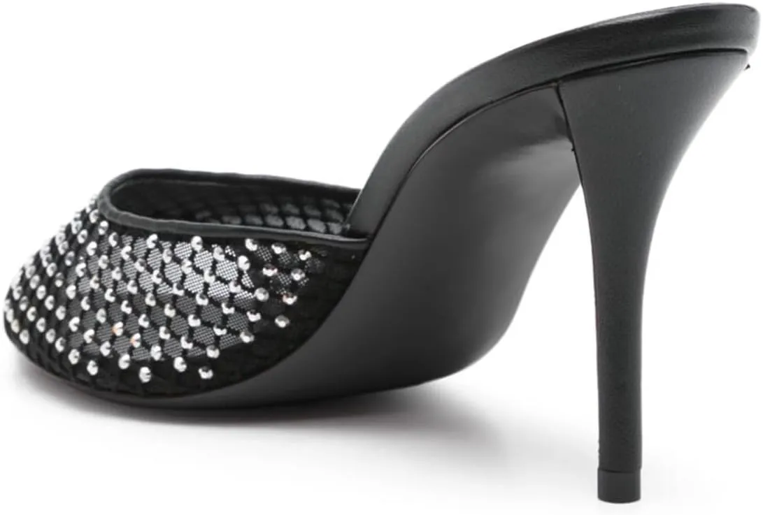 miss left Women Peep Toe Studded Rhinestone Mesh Slide Sandals Thin high Heel Slip on Mules Sexy Prom Club Shoes Size 4-16 US