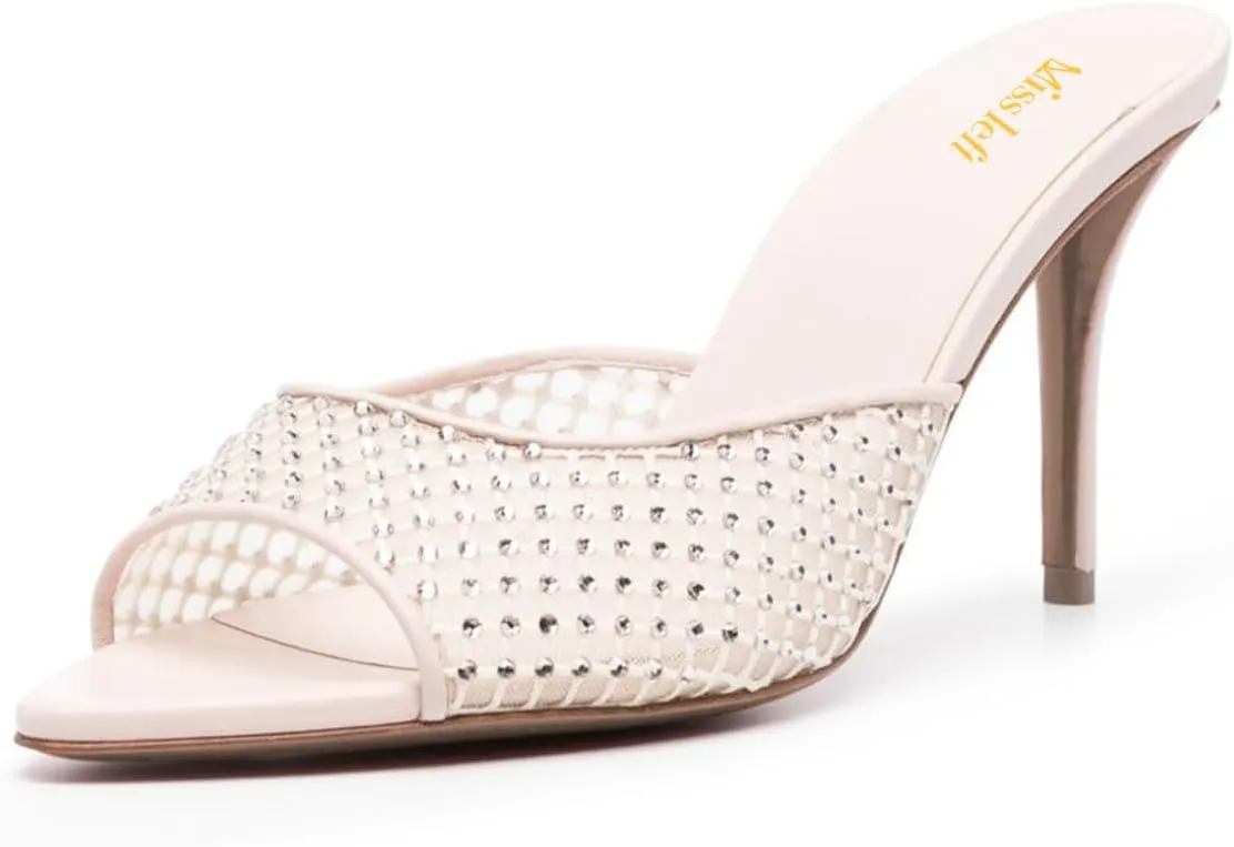 miss left Women Peep Toe Studded Rhinestone Mesh Slide Sandals Thin high Heel Slip on Mules Sexy Prom Club Shoes Size 4-16 US