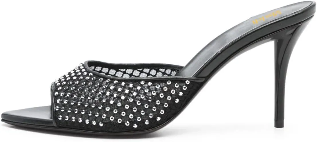 miss left Women Peep Toe Studded Rhinestone Mesh Slide Sandals Thin high Heel Slip on Mules Sexy Prom Club Shoes Size 4-16 US