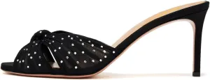 miss left Women Rhinestone Studs Knotted Peep Toe Slide Sandals Translucent Mesh Thin Mid Heel Mules Slip on Graceful Party Club Shoes Size 4-16 US