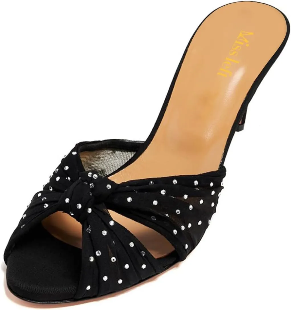miss left Women Rhinestone Studs Knotted Peep Toe Slide Sandals Translucent Mesh Thin Mid Heel Mules Slip on Graceful Party Club Shoes Size 4-16 US