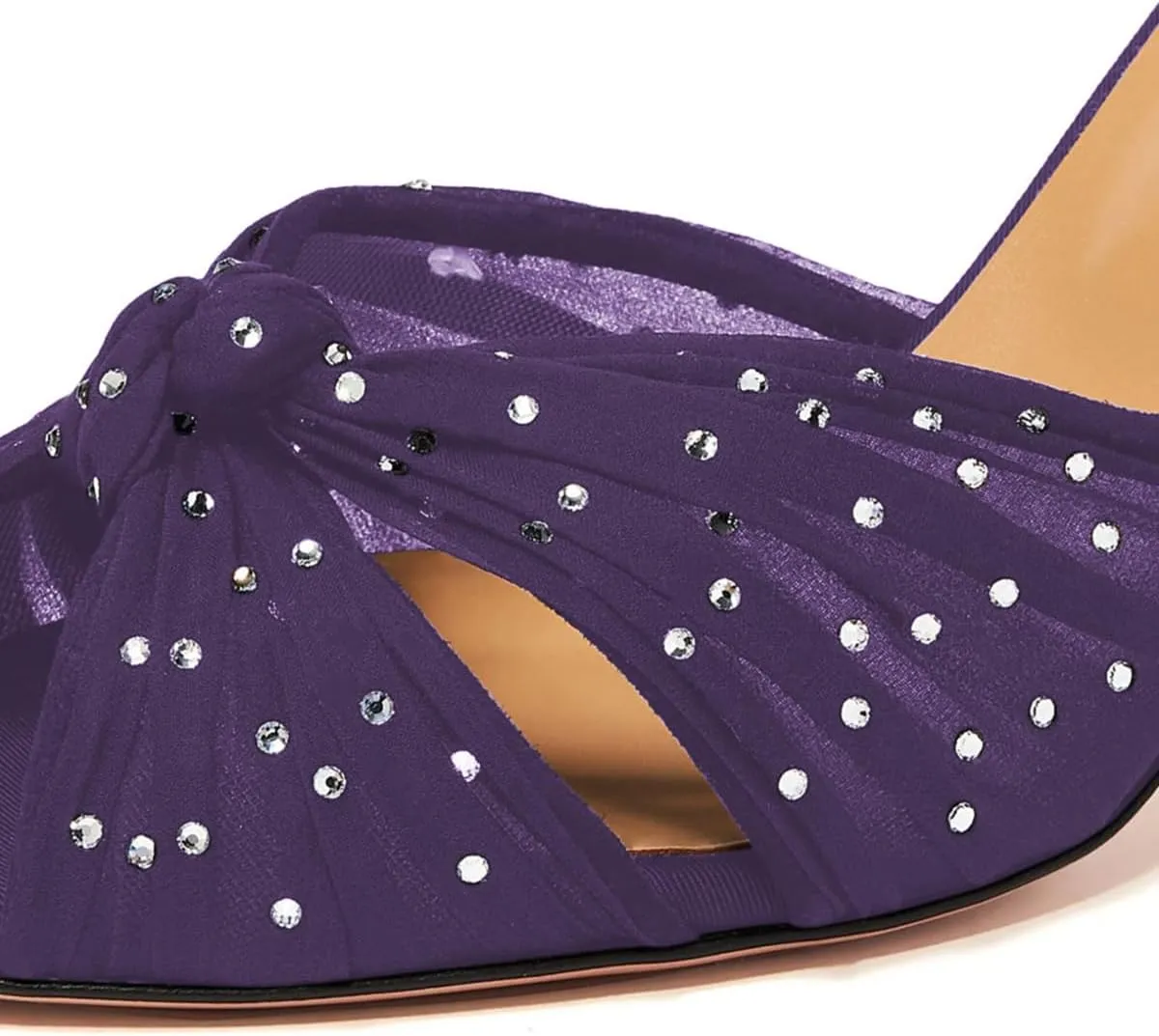 miss left Women Rhinestone Studs Knotted Peep Toe Slide Sandals Translucent Mesh Thin Mid Heel Mules Slip on Graceful Party Club Shoes Size 4-16 US