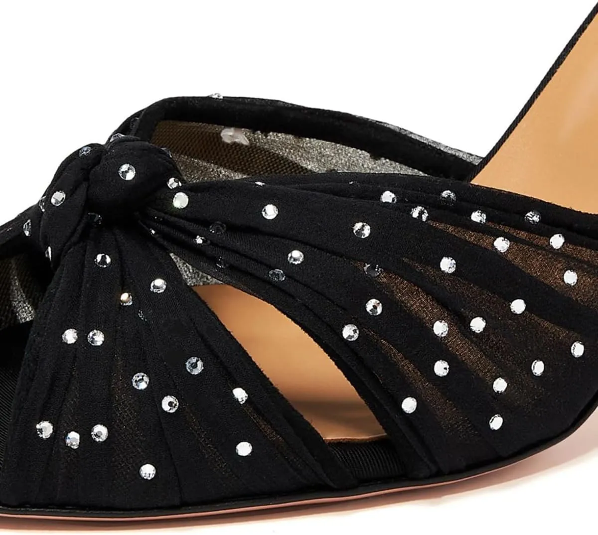 miss left Women Rhinestone Studs Knotted Peep Toe Slide Sandals Translucent Mesh Thin Mid Heel Mules Slip on Graceful Party Club Shoes Size 4-16 US