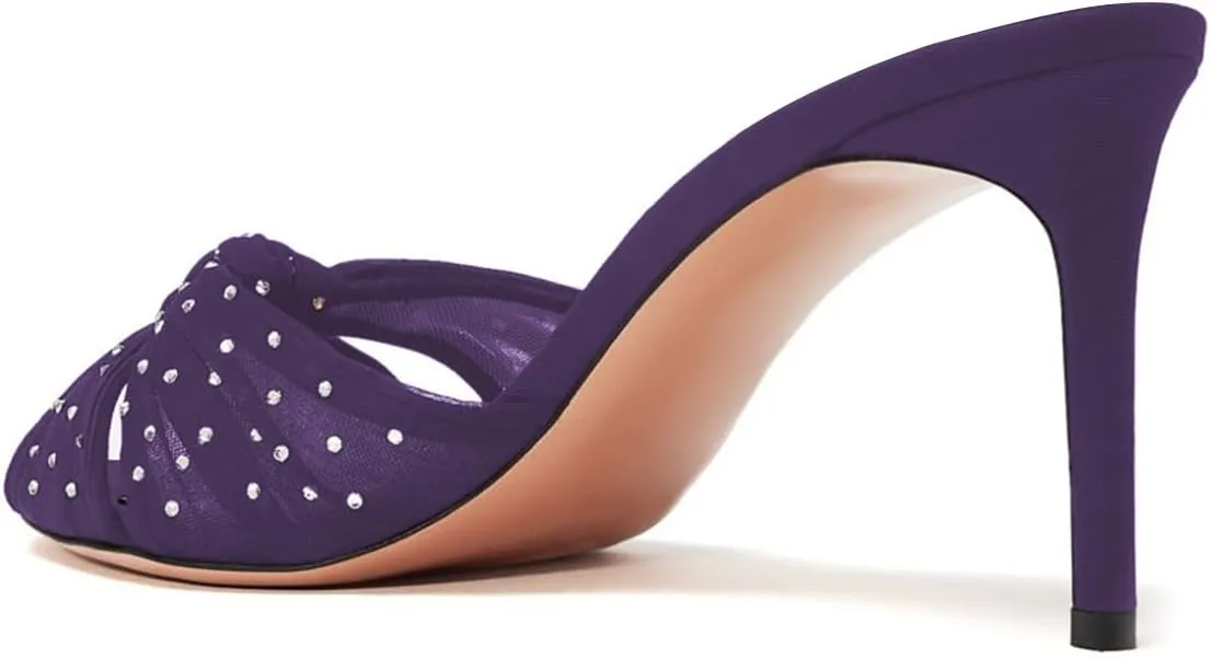 miss left Women Rhinestone Studs Knotted Peep Toe Slide Sandals Translucent Mesh Thin Mid Heel Mules Slip on Graceful Party Club Shoes Size 4-16 US