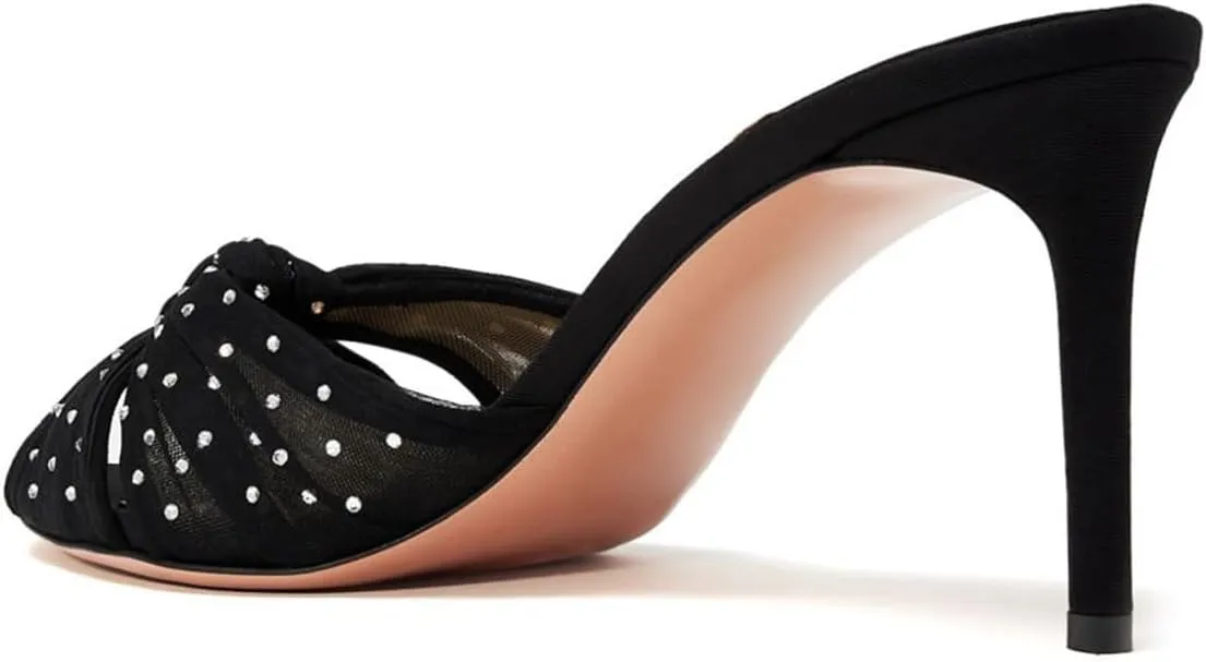 miss left Women Rhinestone Studs Knotted Peep Toe Slide Sandals Translucent Mesh Thin Mid Heel Mules Slip on Graceful Party Club Shoes Size 4-16 US