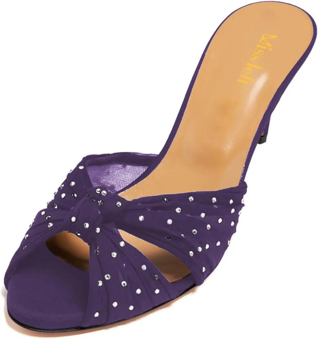 miss left Women Rhinestone Studs Knotted Peep Toe Slide Sandals Translucent Mesh Thin Mid Heel Mules Slip on Graceful Party Club Shoes Size 4-16 US
