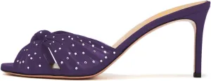 miss left Women Rhinestone Studs Knotted Peep Toe Slide Sandals Translucent Mesh Thin Mid Heel Mules Slip on Graceful Party Club Shoes Size 4-16 US