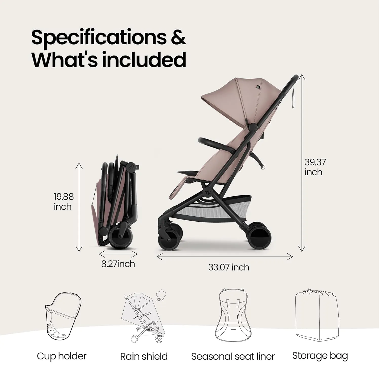 Mompush Velo Lightweight Travel Stroller – One-Hand Fold, Ultra-Compact & Airplane Friendly, Lie-Flat Recline Seat (from Birth to 50 lbs), Includes Cup Holder, Shoulder Strap, and Leather Bumper Bar