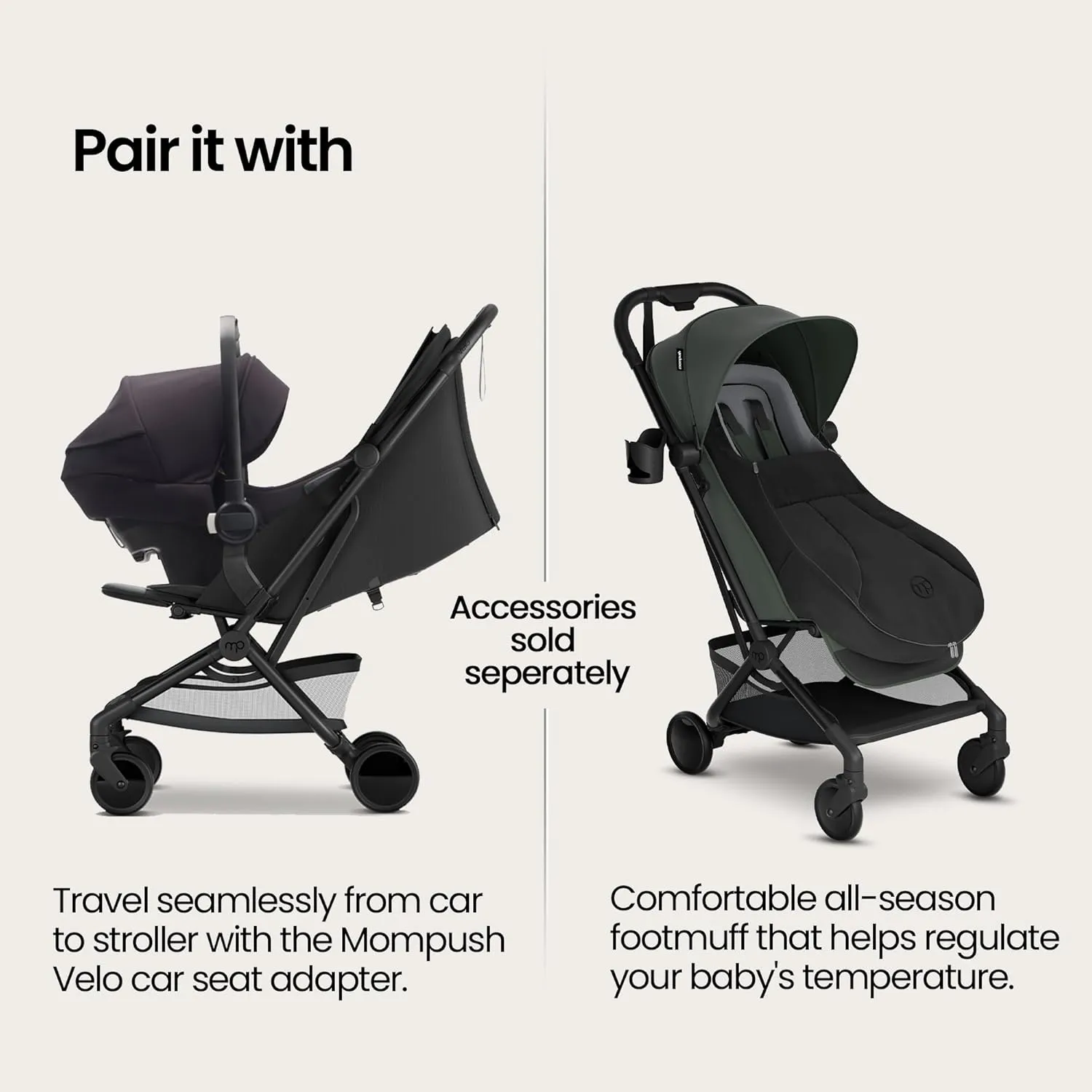 Mompush Velo Lightweight Travel Stroller – One-Hand Fold, Ultra-Compact & Airplane Friendly, Lie-Flat Recline Seat (from Birth to 50 lbs), Includes Cup Holder, Shoulder Strap, and Leather Bumper Bar