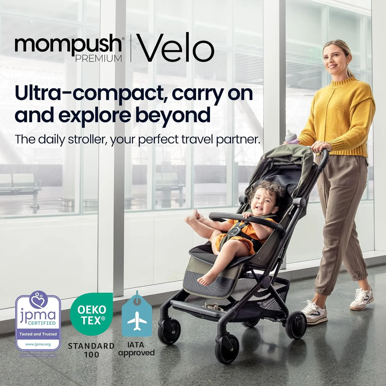 Mompush Velo Lightweight Travel Stroller – One-Hand Fold, Ultra-Compact & Airplane Friendly, Lie-Flat Recline Seat (from Birth to 50 lbs), Includes Cup Holder, Shoulder Strap, and Leather Bumper Bar