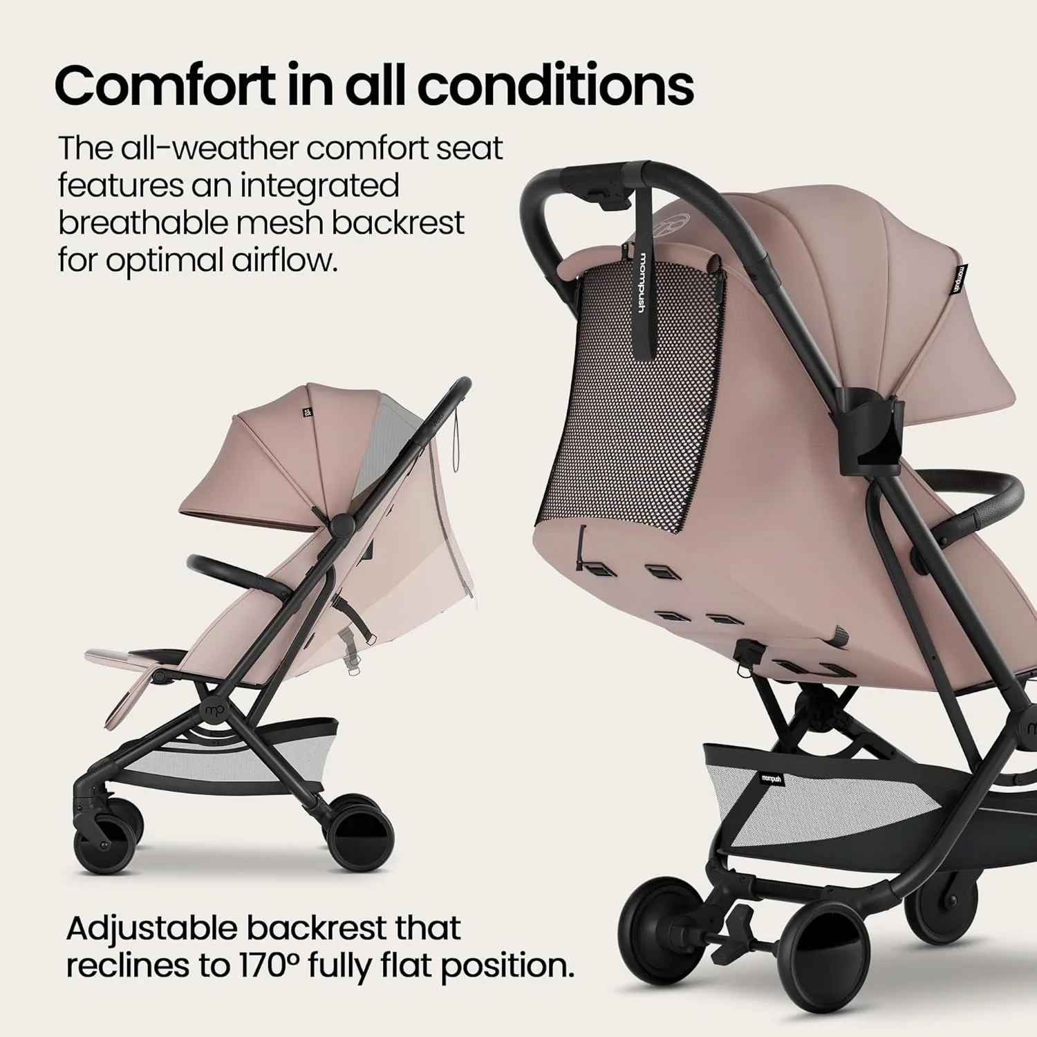 Mompush Velo Lightweight Travel Stroller – One-Hand Fold, Ultra-Compact & Airplane Friendly, Lie-Flat Recline Seat (from Birth to 50 lbs), Includes Cup Holder, Shoulder Strap, and Leather Bumper Bar