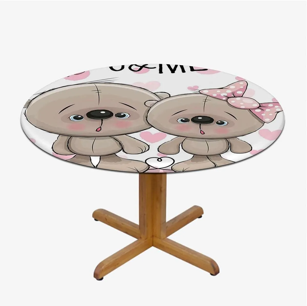 Multicolor Round Fitted Table Cloth Cover Elastic ​Edged Cartoon in Love Bears Rose Elastic Edged Table Cover, Round Tables Tablecloth Table Cloth Fit for 44"-47" Diameter Table Animals