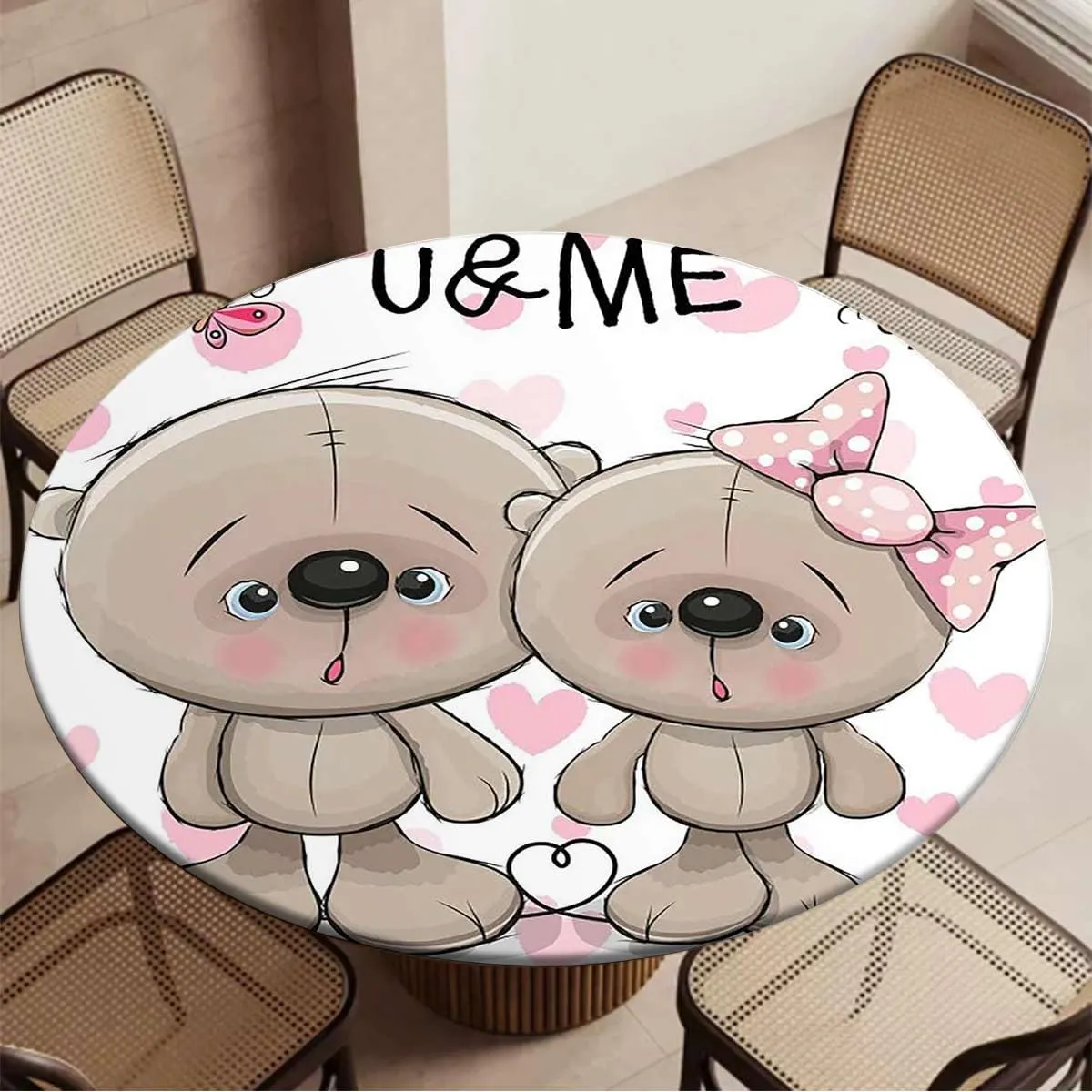 Multicolor Round Fitted Table Cloth Cover Elastic ​Edged Cartoon in Love Bears Rose Elastic Edged Table Cover, Round Tables Tablecloth Table Cloth Fit for 44"-47" Diameter Table Animals