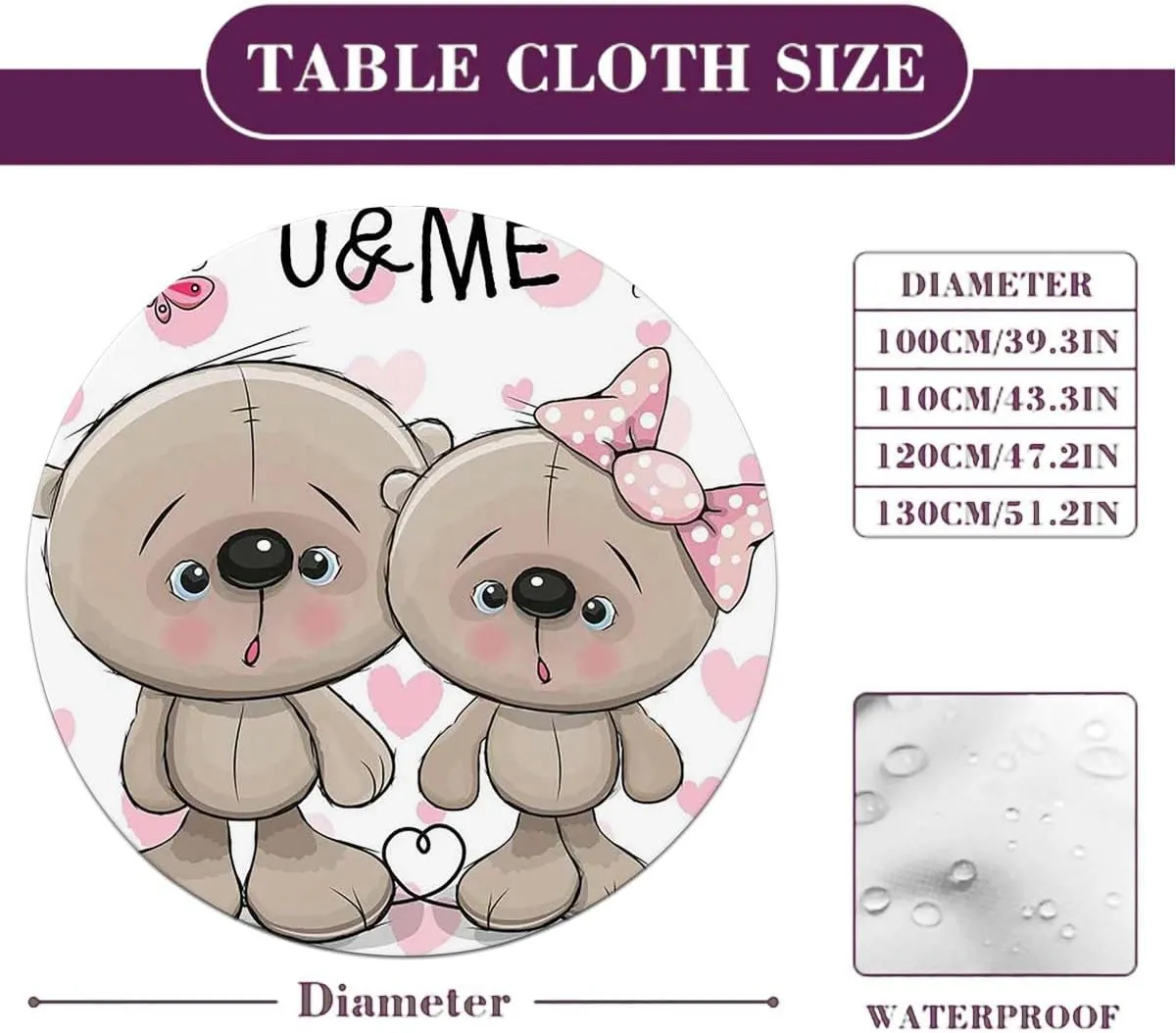 Multicolor Round Fitted Table Cloth Cover Elastic ​Edged Cartoon in Love Bears Rose Elastic Edged Table Cover, Round Tables Tablecloth Table Cloth Fit for 44"-47" Diameter Table Animals