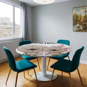Multicolor Round Fitted Table Cloth Cover Elastic ​Edged Cartoon in Love Bears Rose Elastic Edged Table Cover, Round Tables Tablecloth Table Cloth Fit for 44"-47" Diameter Table Animals
