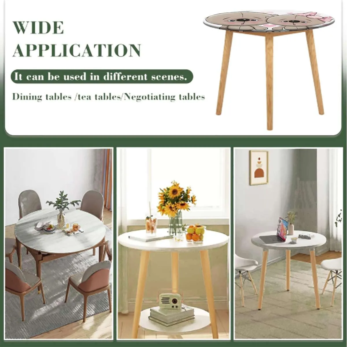 Multicolor Round Fitted Table Cloth Cover Elastic ​Edged Cartoon in Love Bears Rose Elastic Edged Table Cover, Round Tables Tablecloth Table Cloth Fit for 44"-47" Diameter Table Animals