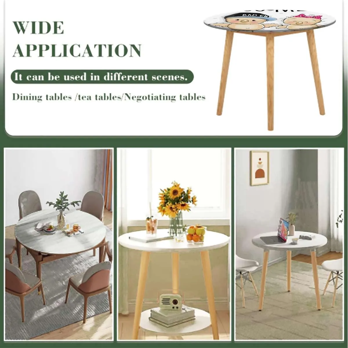 Multicolor Round Fitted Table Cloth Cover Elastic ​Edged Cartoon in Love Bears Rose Wooden Boards Oil Proof Waterproof Tablecloth for Picnic Party Fit for 44"-47" Diameter Table Animals