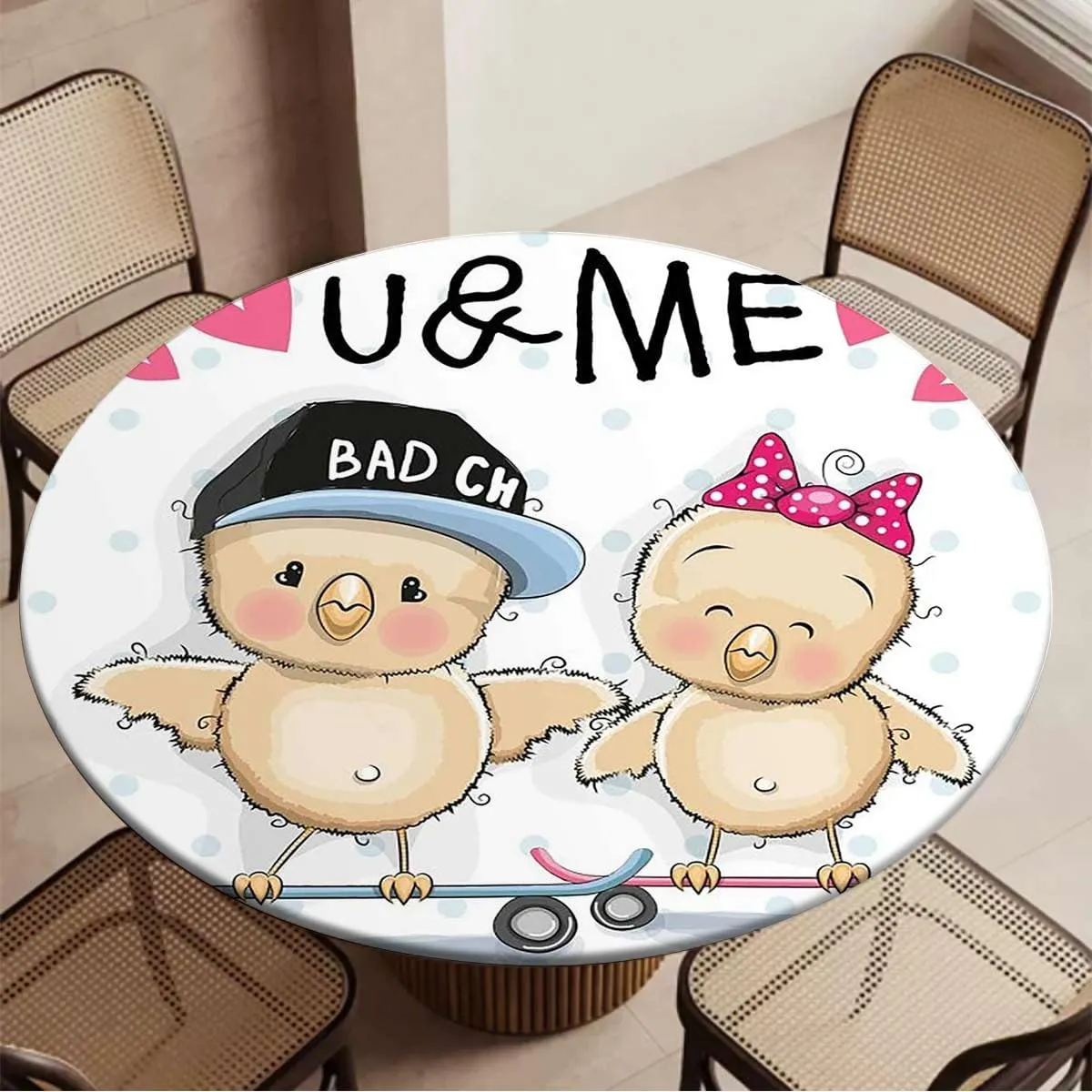 Multicolor Round Fitted Table Cloth Cover Elastic ​Edged Cartoon in Love Bears Rose Wooden Boards Oil Proof Waterproof Tablecloth for Picnic Party Fit for 44"-47" Diameter Table Animals