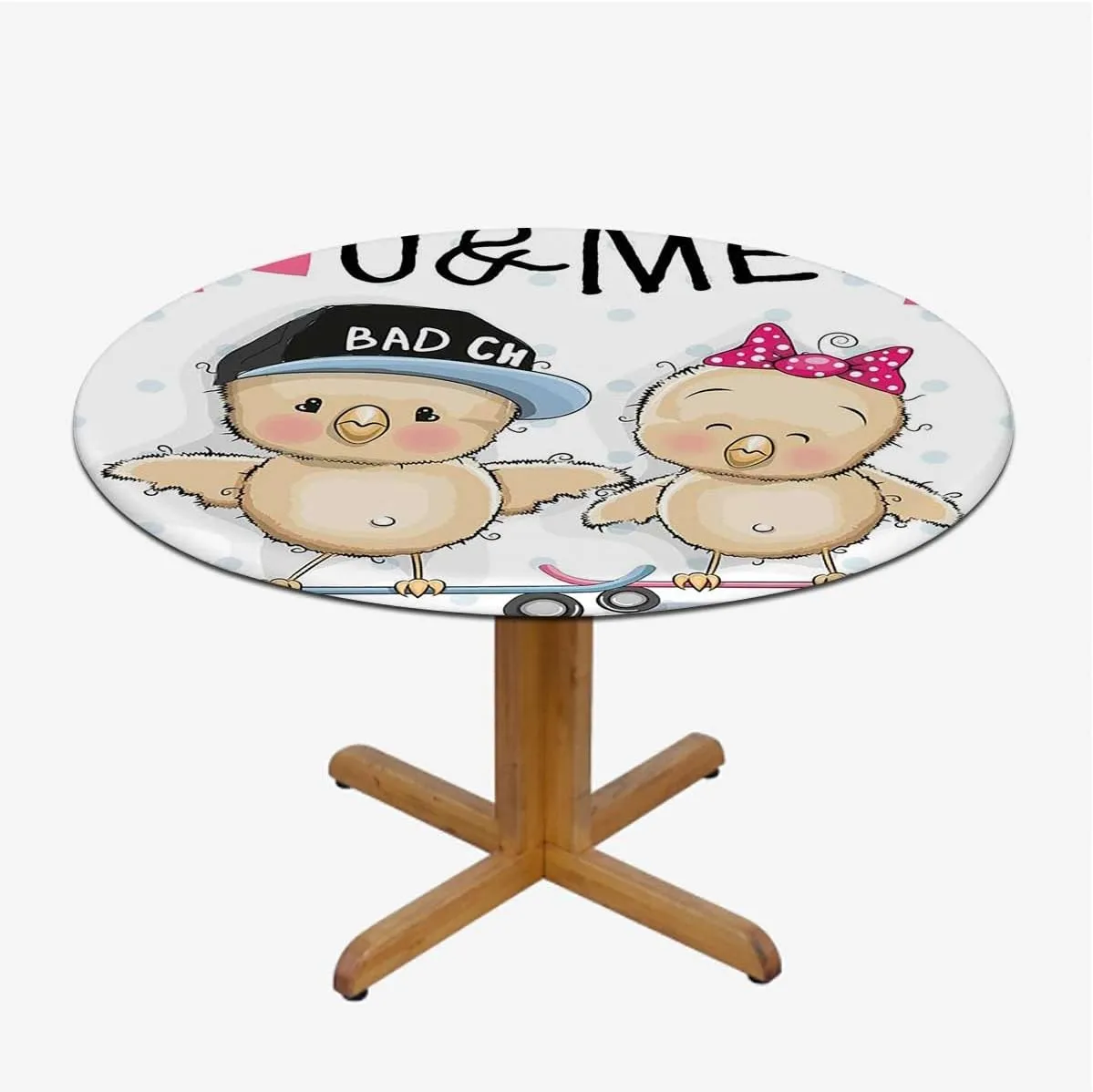 Multicolor Round Fitted Table Cloth Cover Elastic ​Edged Cartoon in Love Bears Rose Wooden Boards Oil Proof Waterproof Tablecloth for Picnic Party Fit for 44"-47" Diameter Table Animals