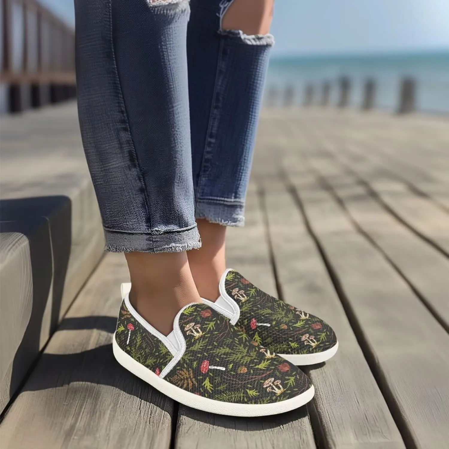 Mushroom Design Running Shoes Flats for Women Tennis Shoes Slip Resistant Work Shoes