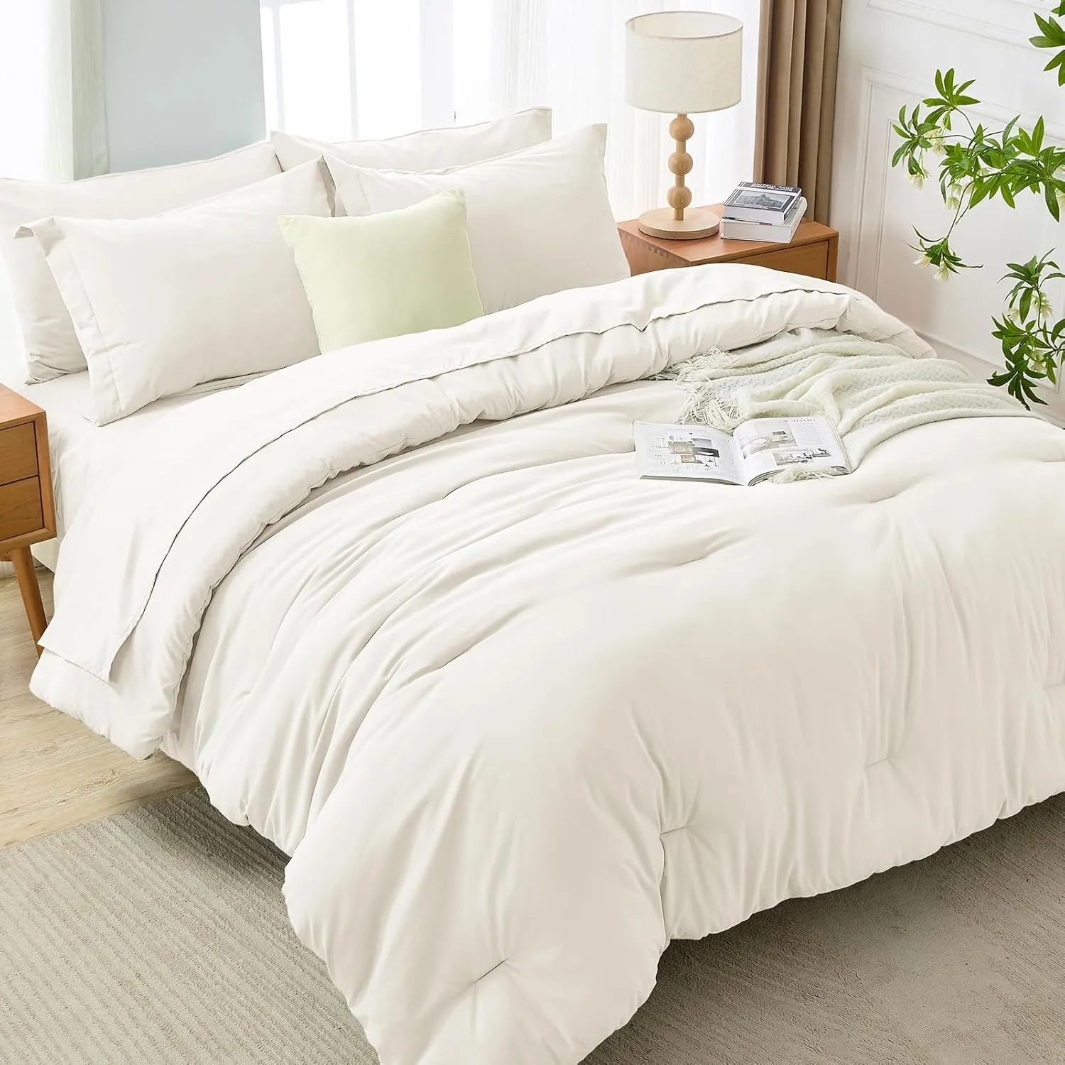 MUXHOMO 7 Pieces Queen Comforter Set, Soft Bed in a Bag Queen Size, All Season Bedding Set with Comforter, Flat Sheet, Fitted Sheet, Pillowcases & Shams, Ivory