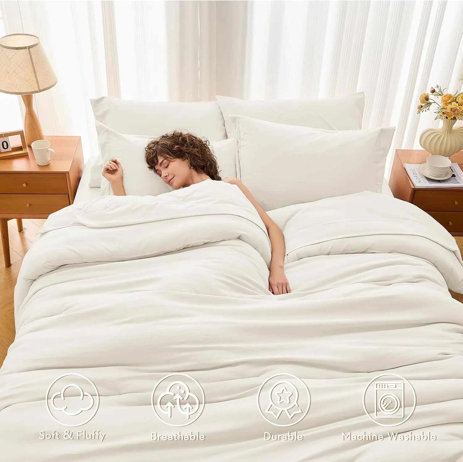 MUXHOMO 7 Pieces Queen Comforter Set, Soft Bed in a Bag Queen Size, All Season Bedding Set with Comforter, Flat Sheet, Fitted Sheet, Pillowcases & Shams, Ivory