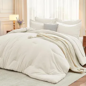 MUXHOMO 7 Pieces Queen Comforter Set, Soft Bed in a Bag Queen Size, All Season Bedding Set with Comforter, Flat Sheet, Fitted Sheet, Pillowcases & Shams, Ivory