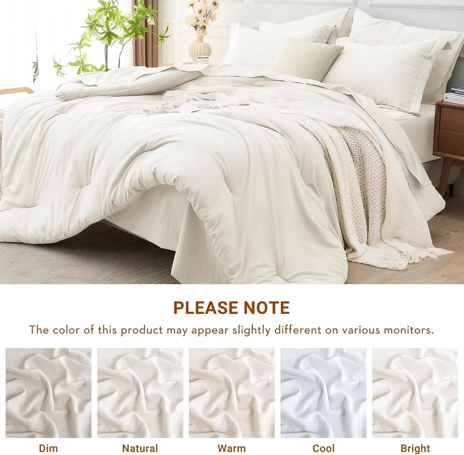 MUXHOMO 7 Pieces Queen Comforter Set, Soft Bed in a Bag Queen Size, All Season Bedding Set with Comforter, Flat Sheet, Fitted Sheet, Pillowcases & Shams, Ivory
