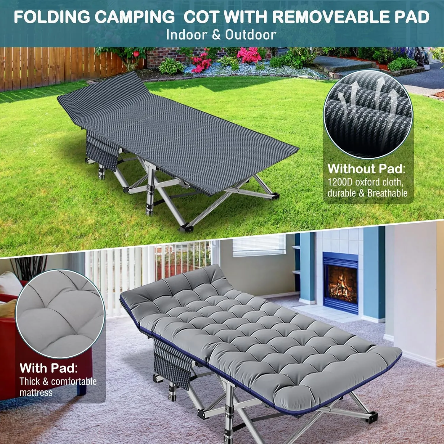 NAIZEA Oversized XXL Folding Camping Cot for Adults, Heavy Duty Outdoor Bed with Carry Bag, Portable Sleeping Bed for Outdoor Travel Camp Beach Vacation