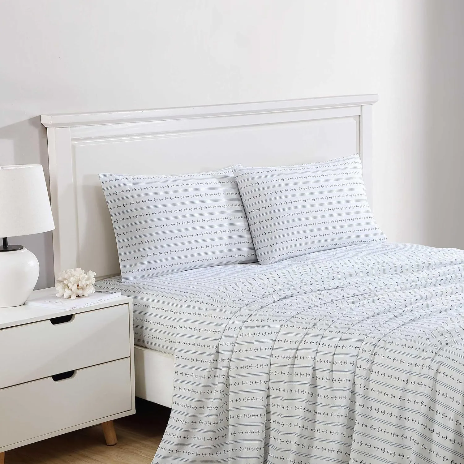 Nautica - Sheets, Cotton Percale Bedding Set with Matching Pillowcases, Crisp & Cool, Deep Pocket (Anchor Lines Blue, Full)