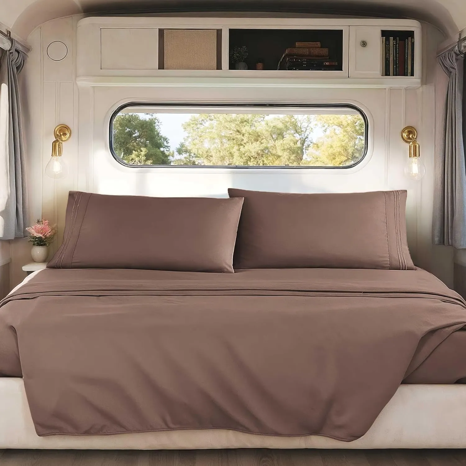 Nestl Brown RV Queen Sheets – Super Soft RV Short Queen Sheets for RV Camper, 4 Piece 1800 Microfiber Fitted RV Sheets, Double Brushed RV Bed Sheets Set, Camper Sheets and Pillowcases
