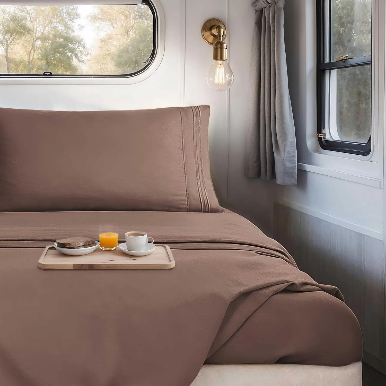 Nestl Brown RV Queen Sheets – Super Soft RV Short Queen Sheets for RV Camper, 4 Piece 1800 Microfiber Fitted RV Sheets, Double Brushed RV Bed Sheets Set, Camper Sheets and Pillowcases
