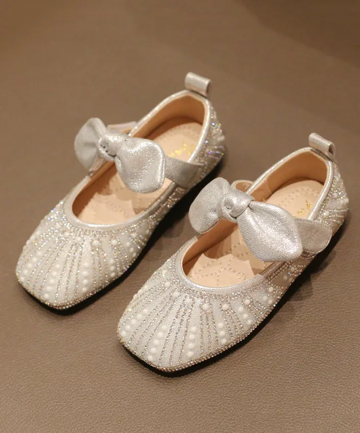 New Bow Zircon Nail Bead Kids Girls Flat Shoes Silver Faux Leather