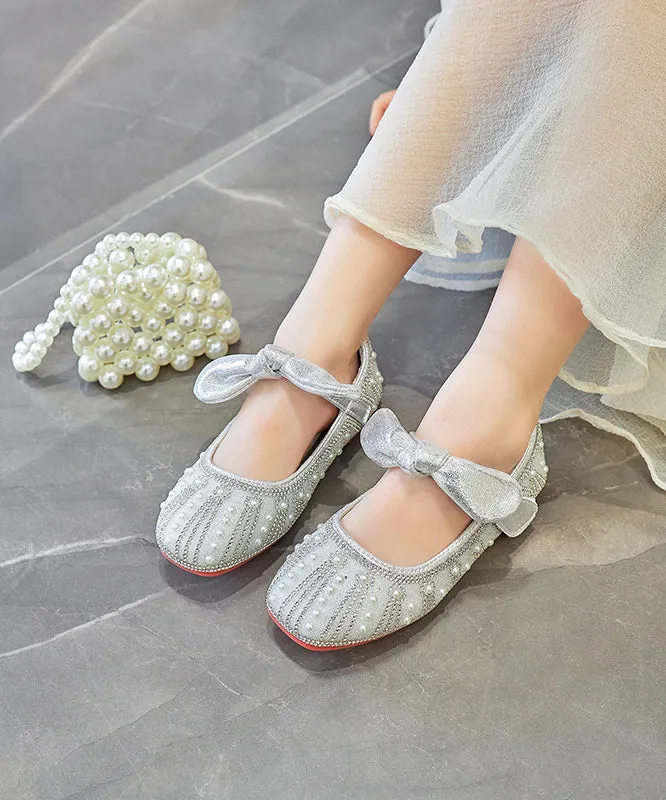 New Bow Zircon Nail Bead Kids Girls Flat Shoes Silver Faux Leather