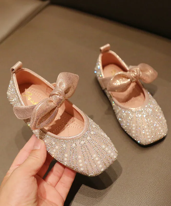 New Bow Zircon Nail Bead Kids Girls Flat Shoes Silver Faux Leather