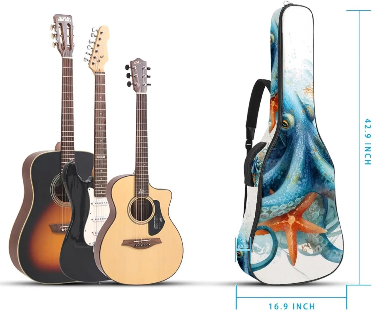 Octopus Sea Blue Algae with Bubbles and Coral Starfish Acoustic Guitar Bag, Guitar Case Gig Bag 40 41 42 inch with Dual Adjustable Shoulder Strap and Back Hanger Loop