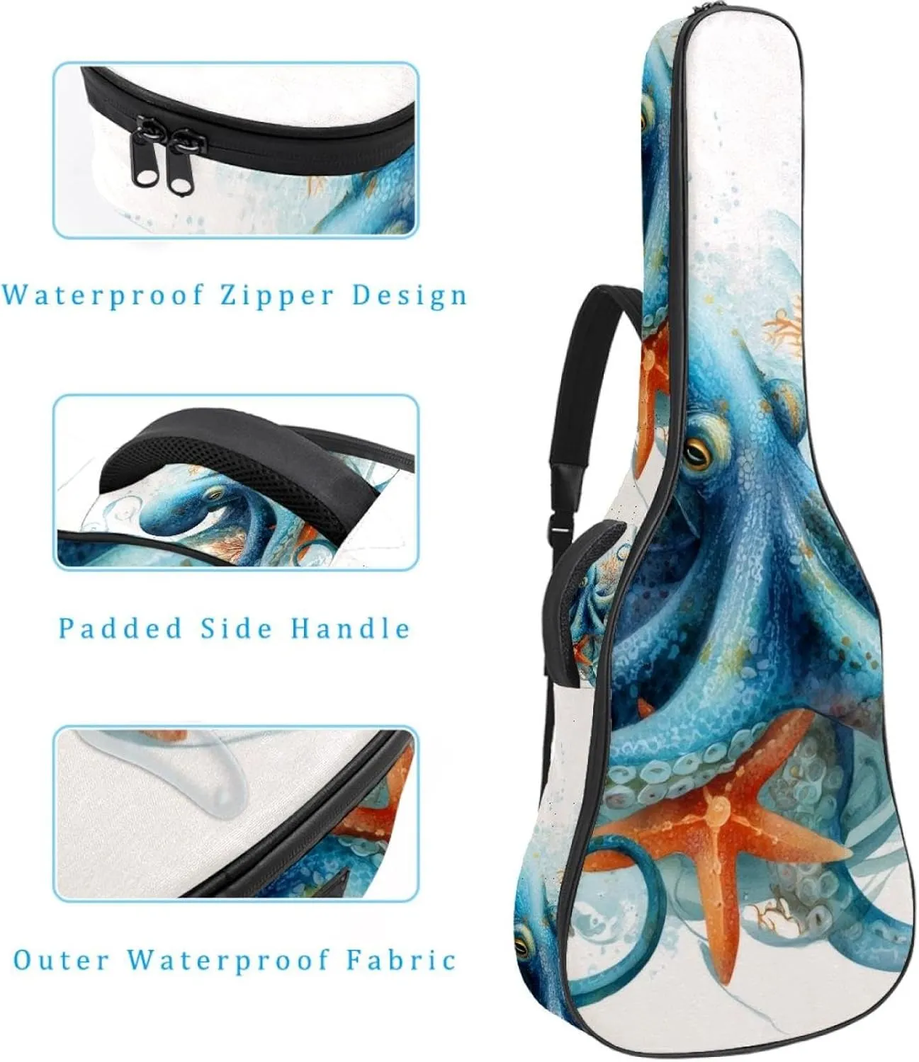 Octopus Sea Blue Algae with Bubbles and Coral Starfish Acoustic Guitar Bag, Guitar Case Gig Bag 40 41 42 inch with Dual Adjustable Shoulder Strap and Back Hanger Loop