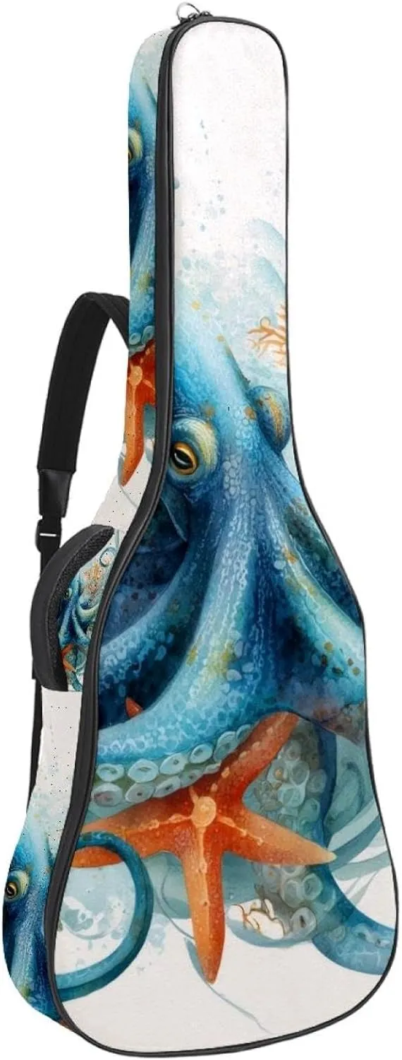 Octopus Sea Blue Algae with Bubbles and Coral Starfish Acoustic Guitar Bag, Guitar Case Gig Bag 40 41 42 inch with Dual Adjustable Shoulder Strap and Back Hanger Loop