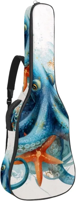 Octopus Sea Blue Algae with Bubbles and Coral Starfish Acoustic Guitar Bag, Guitar Case Gig Bag 40 41 42 inch with Dual Adjustable Shoulder Strap and Back Hanger Loop