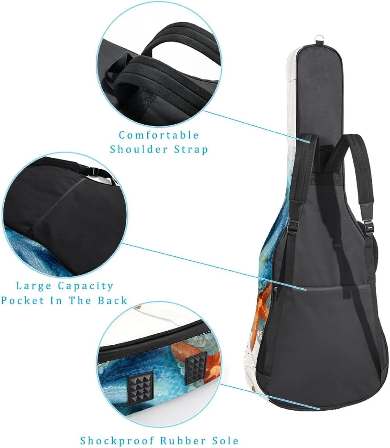 Octopus Sea Blue Algae with Bubbles and Coral Starfish Acoustic Guitar Bag, Guitar Case Gig Bag 40 41 42 inch with Dual Adjustable Shoulder Strap and Back Hanger Loop