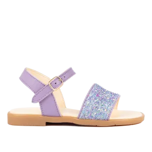 Open toe glitter sandal with buckle closure
