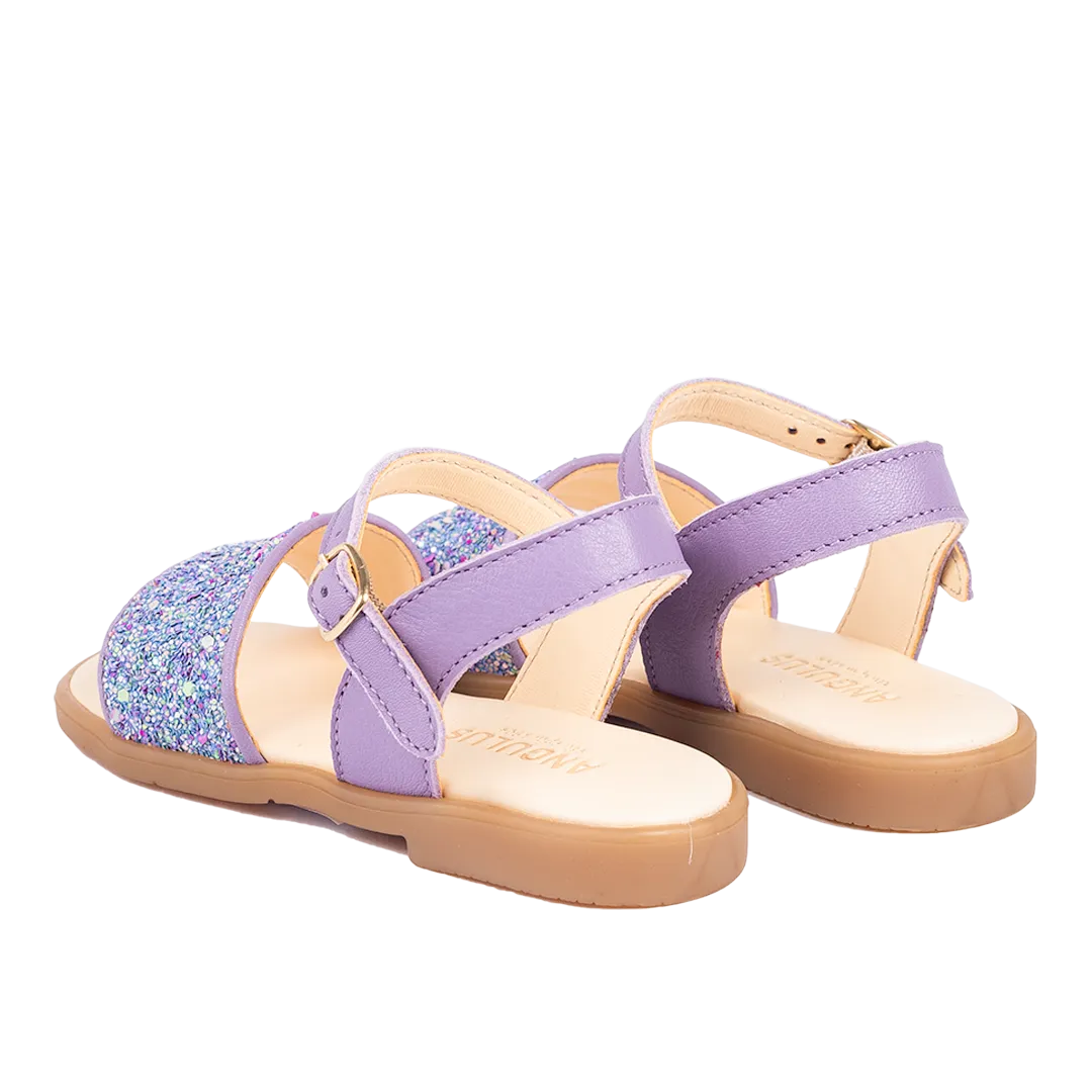 Open toe glitter sandal with buckle closure