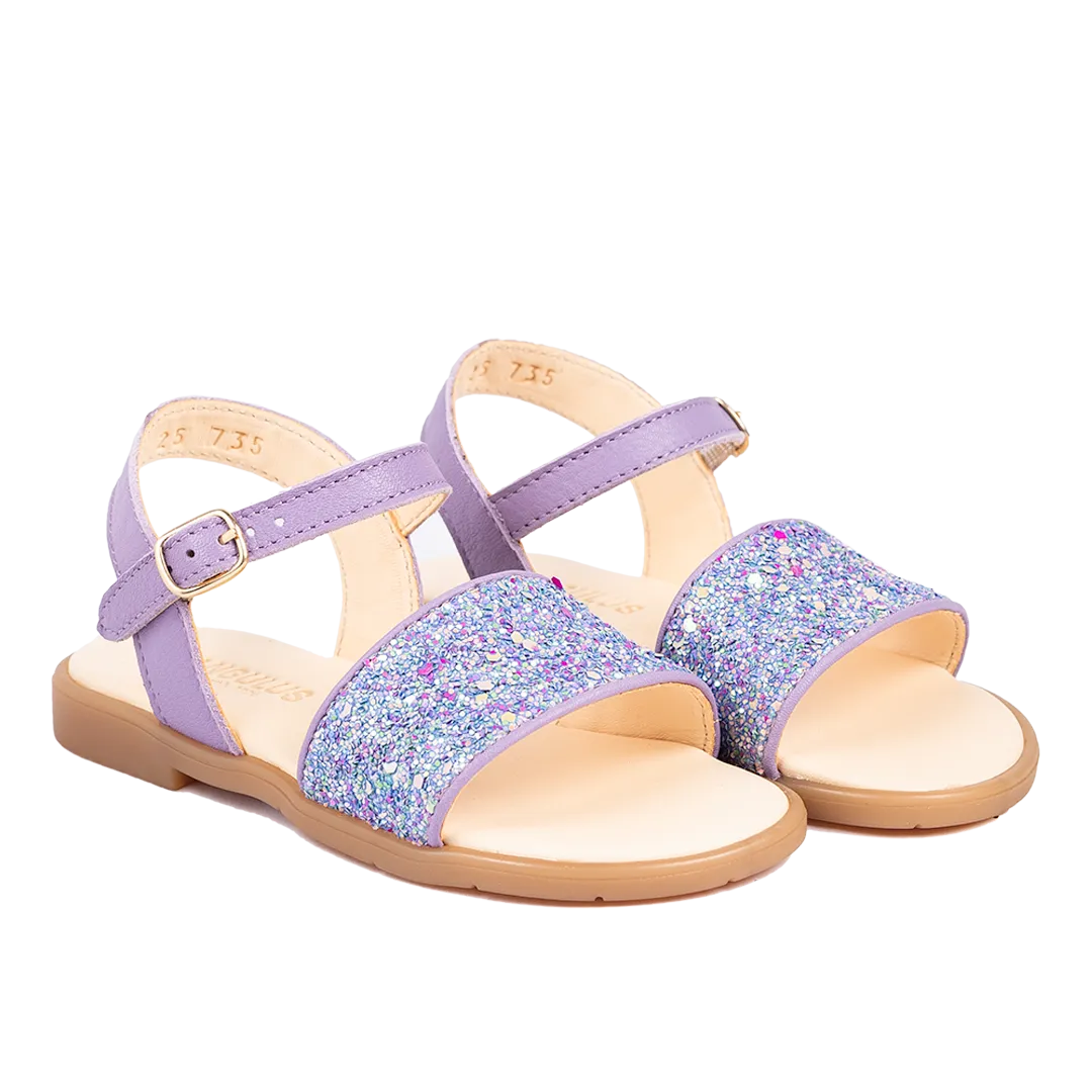 Open toe glitter sandal with buckle closure