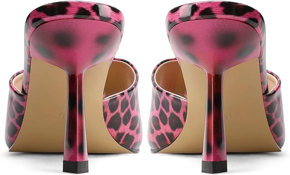 Open-Toe Patent Leather Kitten Heel Mules with Slim Stiletto for Women Sexy Leopard Print Slip On Square-Toe Slide Sandals