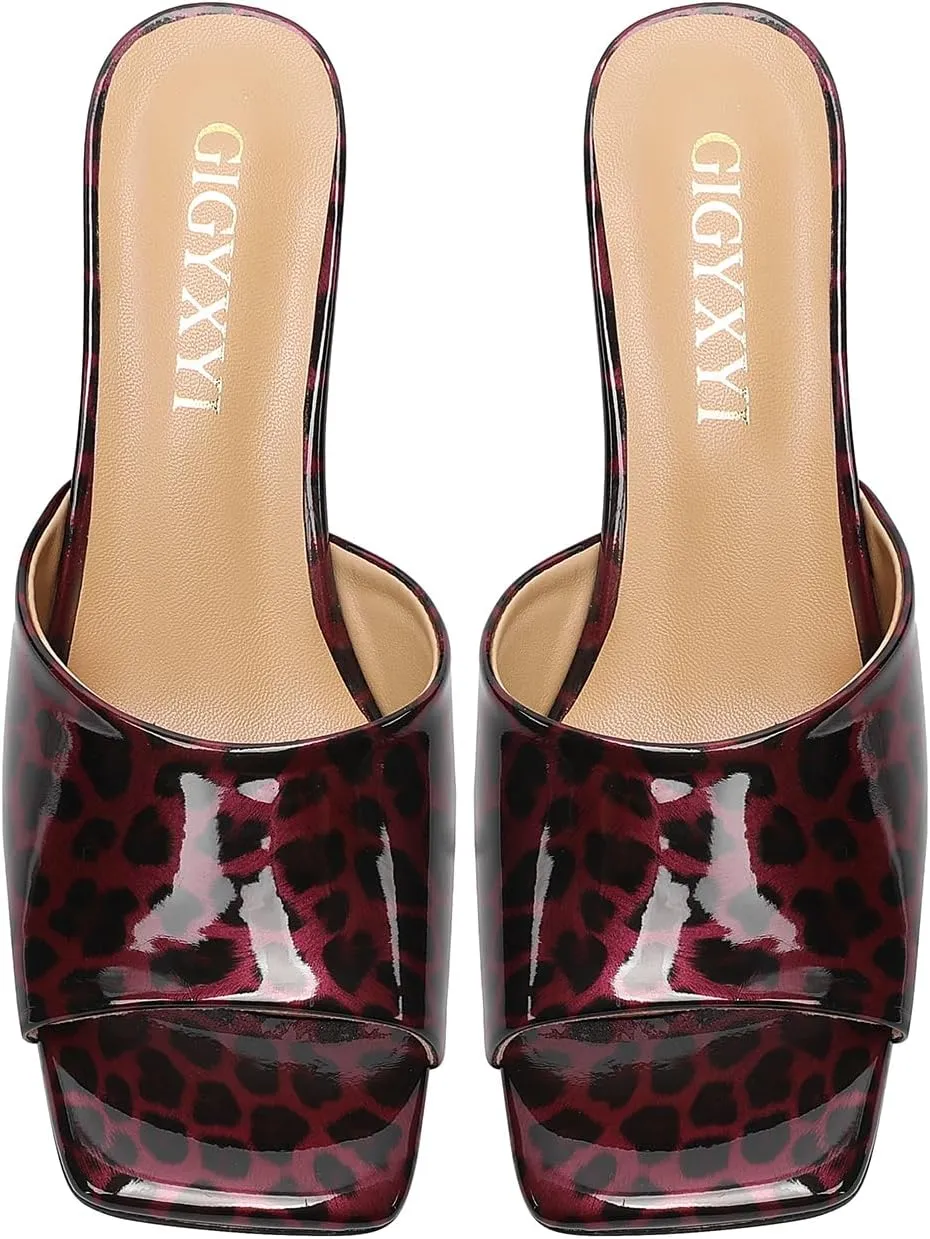 Open-Toe Patent Leather Kitten Heel Mules with Slim Stiletto for Women Sexy Leopard Print Slip On Square-Toe Slide Sandals