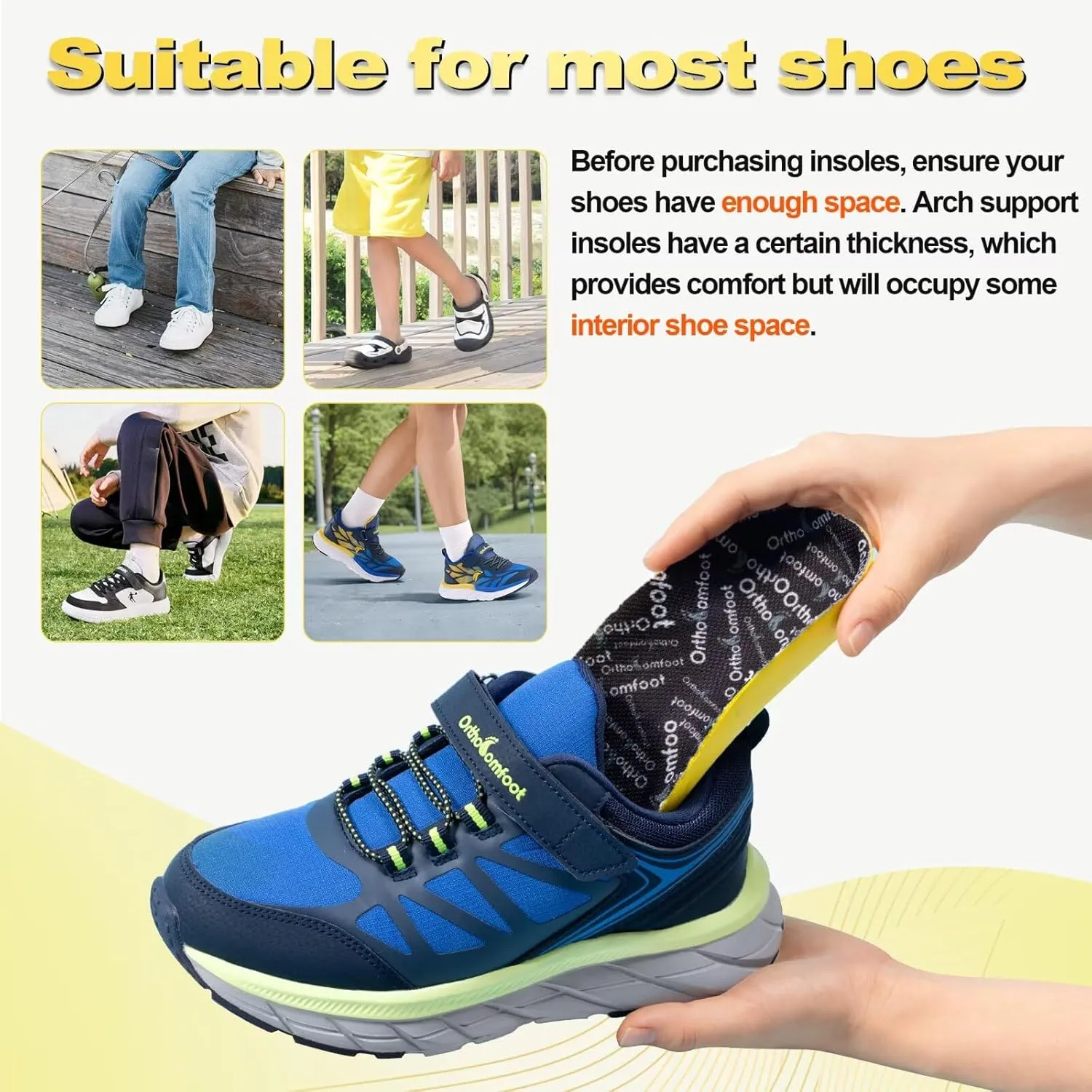 OrthoComfoot Kids Orthopedic Comfort Children’s Insoles : Flat Feet Gel Inserts for Plantar Fasciitis Relief, Athletic Orthotic High Arch Support Insoles, No Trimming,Size 4 Big Kid